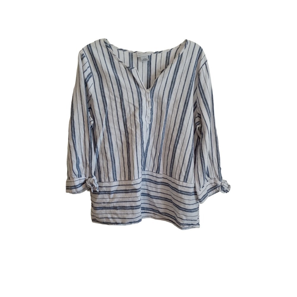 Liz Claiborne Blue and‎ white linen blend blouse